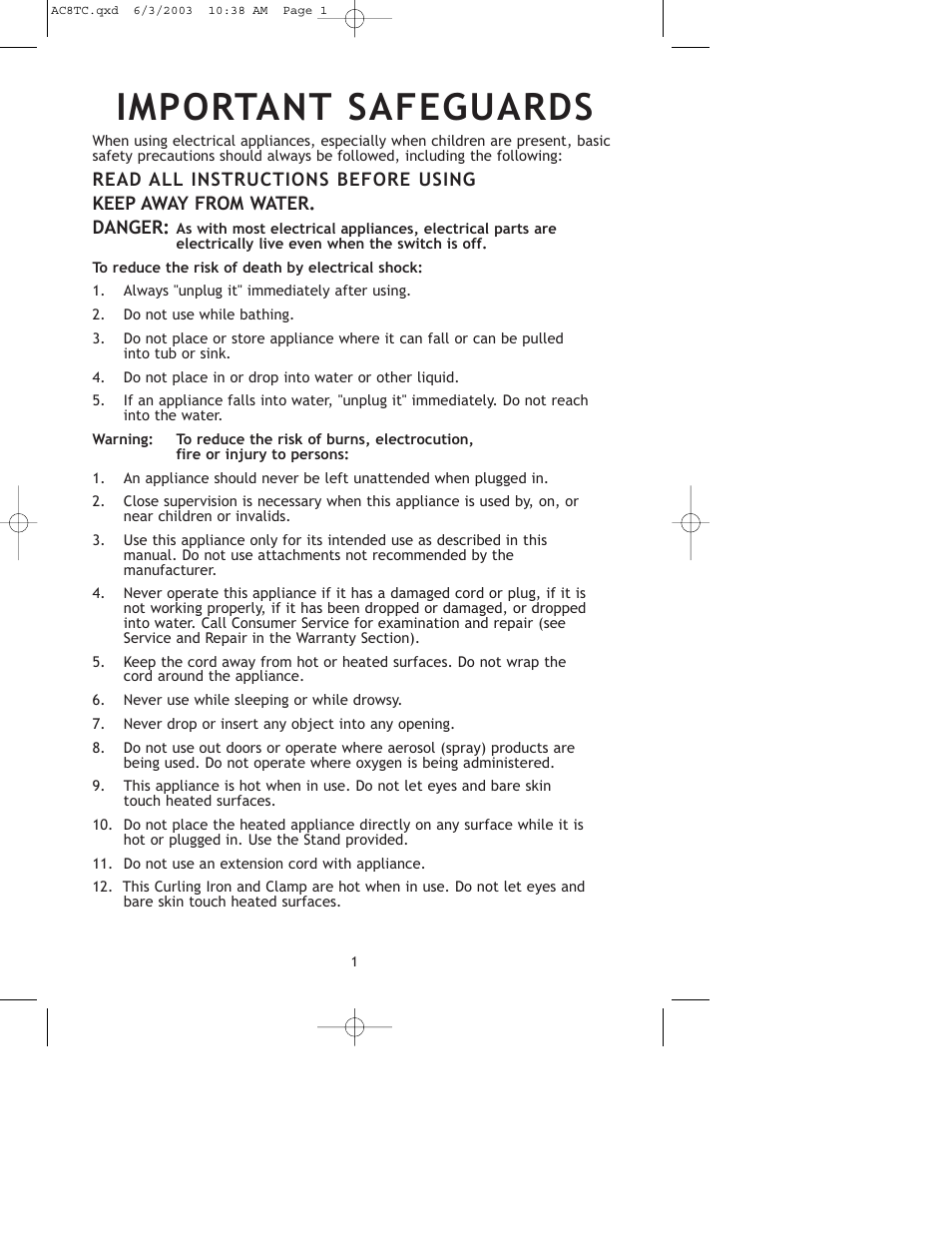 Important safeguards | Salton, Inc AC8TC User Manual | Page 2 / 10