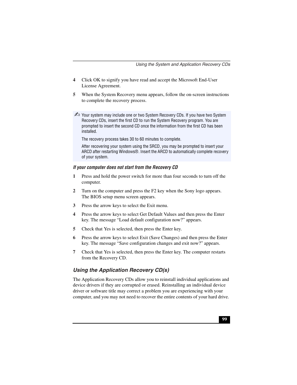 3 press the arrow keys to select the exit menu, Using the application recovery cd(s) | Sony PCG-C1VN User Manual | Page 100 / 125