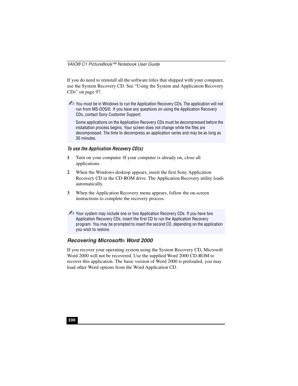 To use the application recovery cd(s), Recovering microsoft® word 2000 | Sony PCG-C1VN User Manual | Page 101 / 125