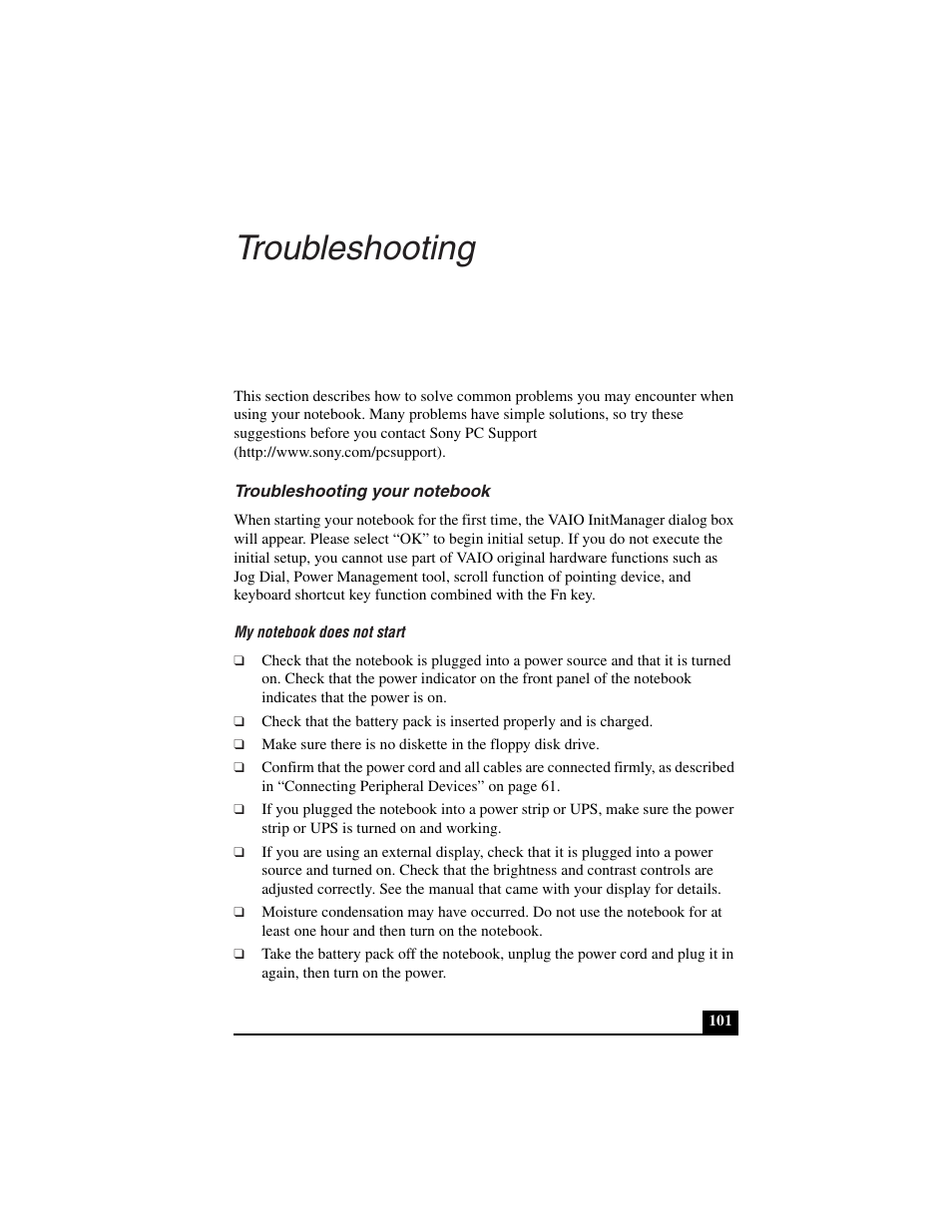 Troubleshooting, Troubleshooting your notebook, My notebook does not start | Sony PCG-C1VN User Manual | Page 102 / 125