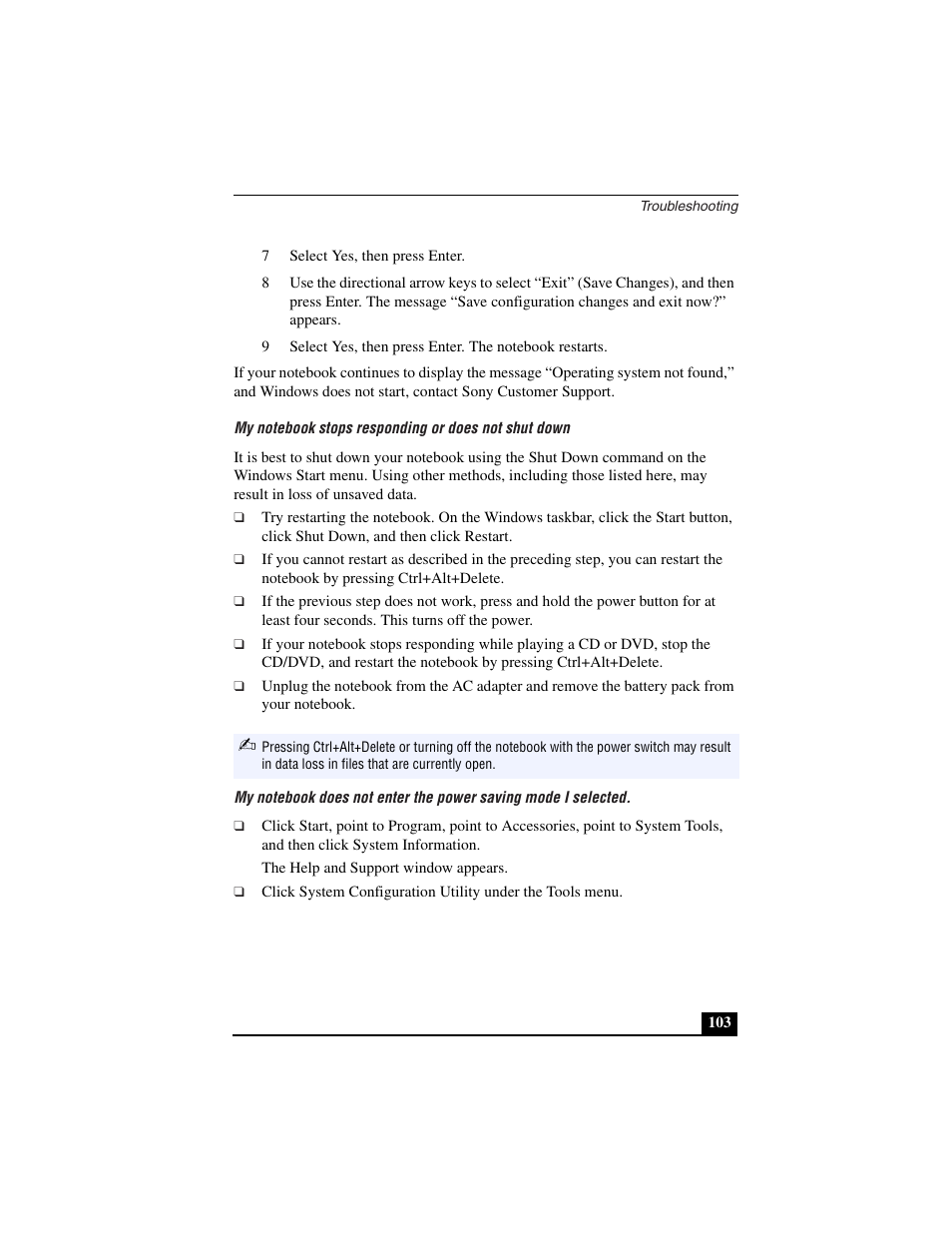 7 select yes, then press enter, My notebook stops responding or does not shut down | Sony PCG-C1VN User Manual | Page 104 / 125