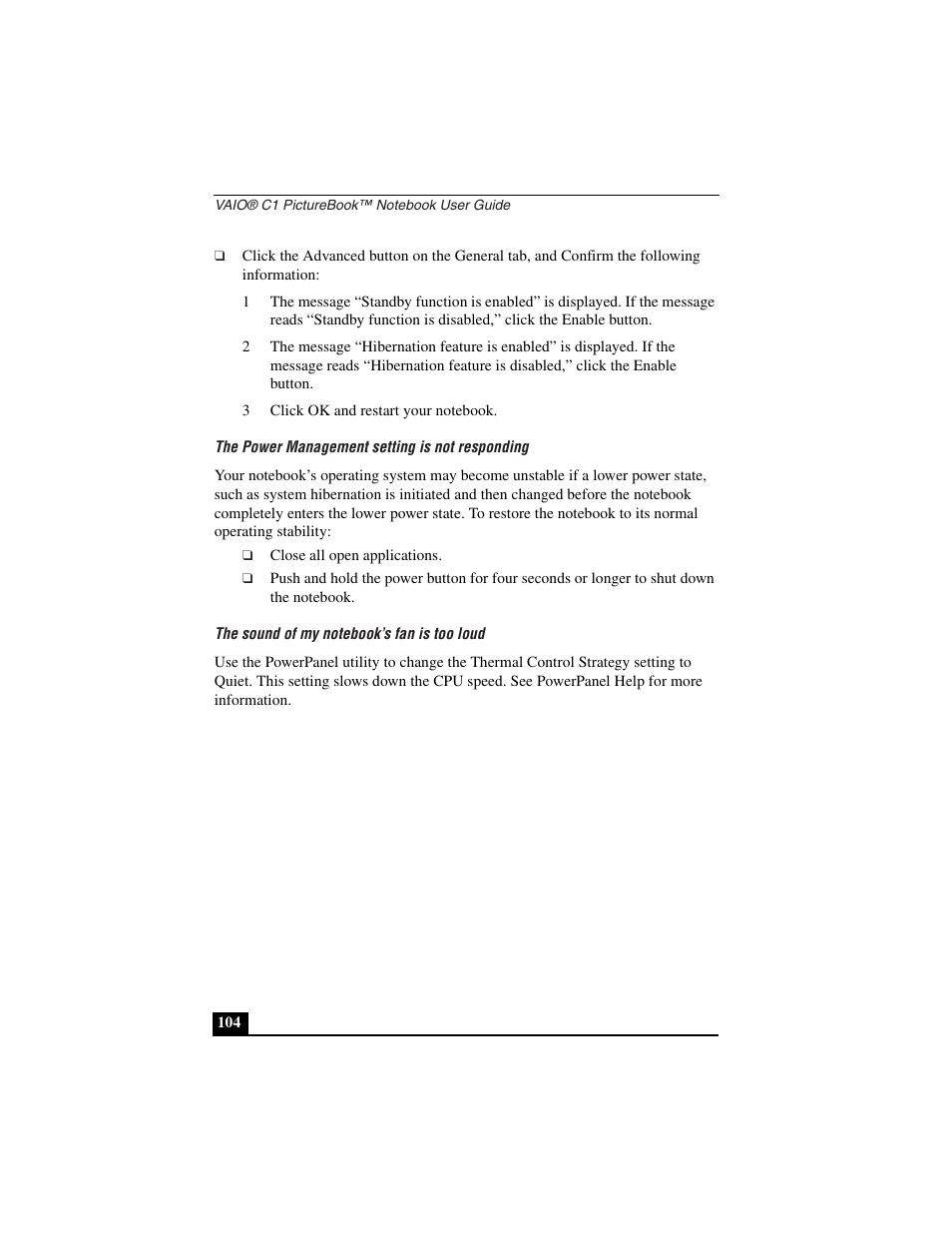 3 click ok and restart your notebook, The power management setting is not responding, The sound of my notebook’s fan is too loud | Sony PCG-C1VN User Manual | Page 105 / 125