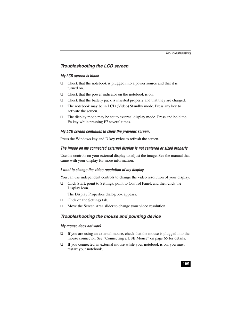Troubleshooting the lcd screen, My lcd screen is blank, Troubleshooting the mouse and pointing device | My mouse does not work | Sony PCG-C1VN User Manual | Page 106 / 125