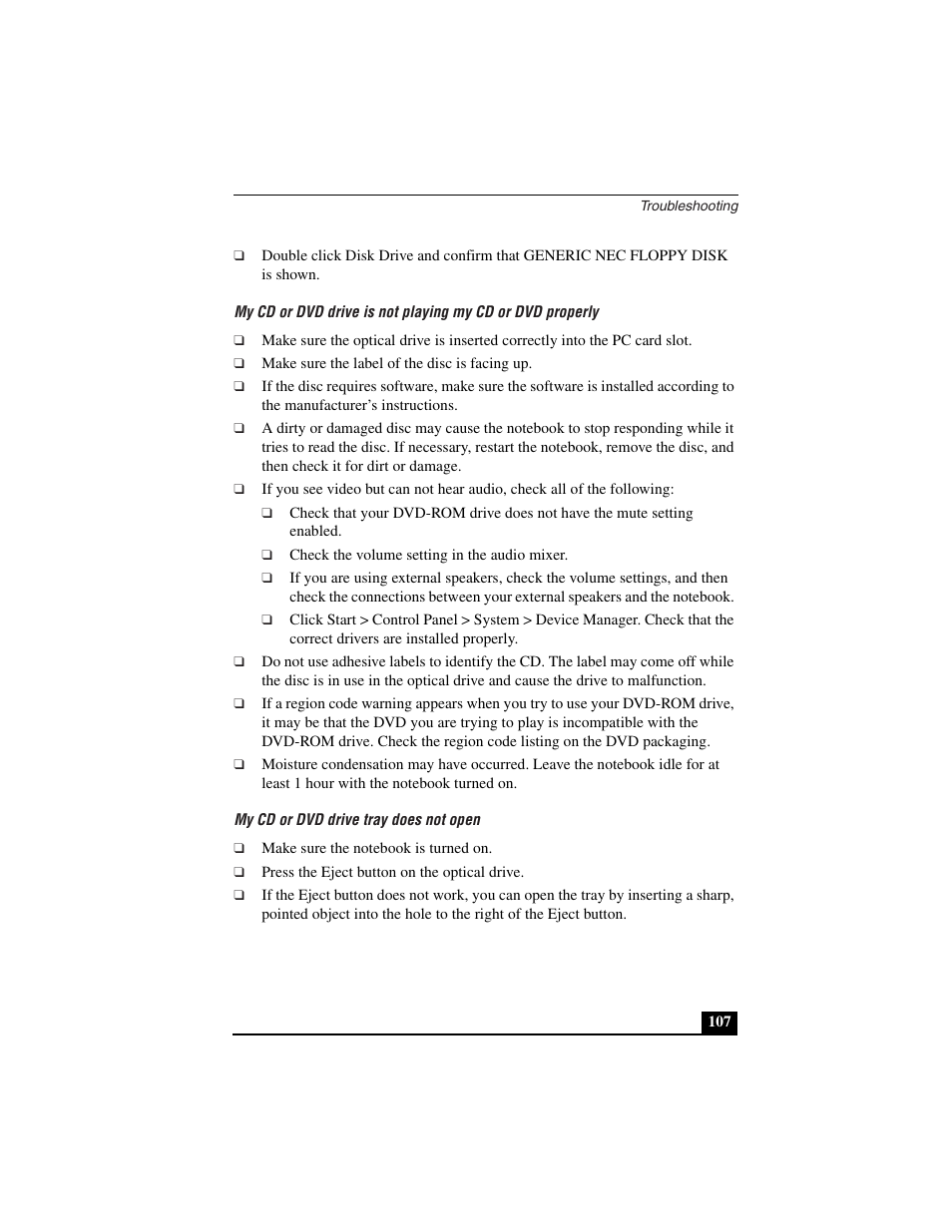 My cd or dvd drive tray does not open | Sony PCG-C1VN User Manual | Page 108 / 125