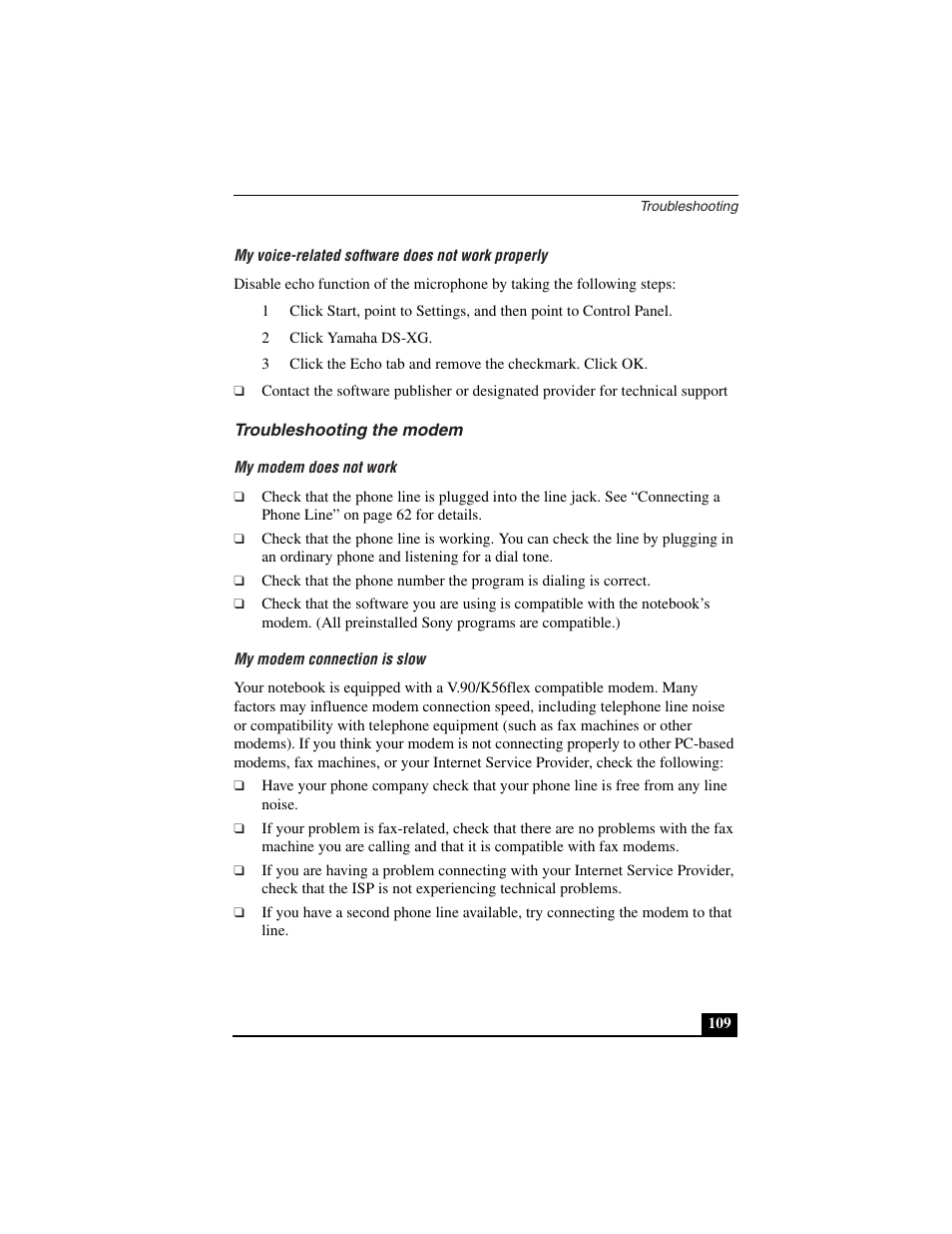 My voice-related software does not work properly, 2 click yamaha ds-xg, Troubleshooting the modem | My modem does not work, My modem connection is slow | Sony PCG-C1VN User Manual | Page 110 / 125