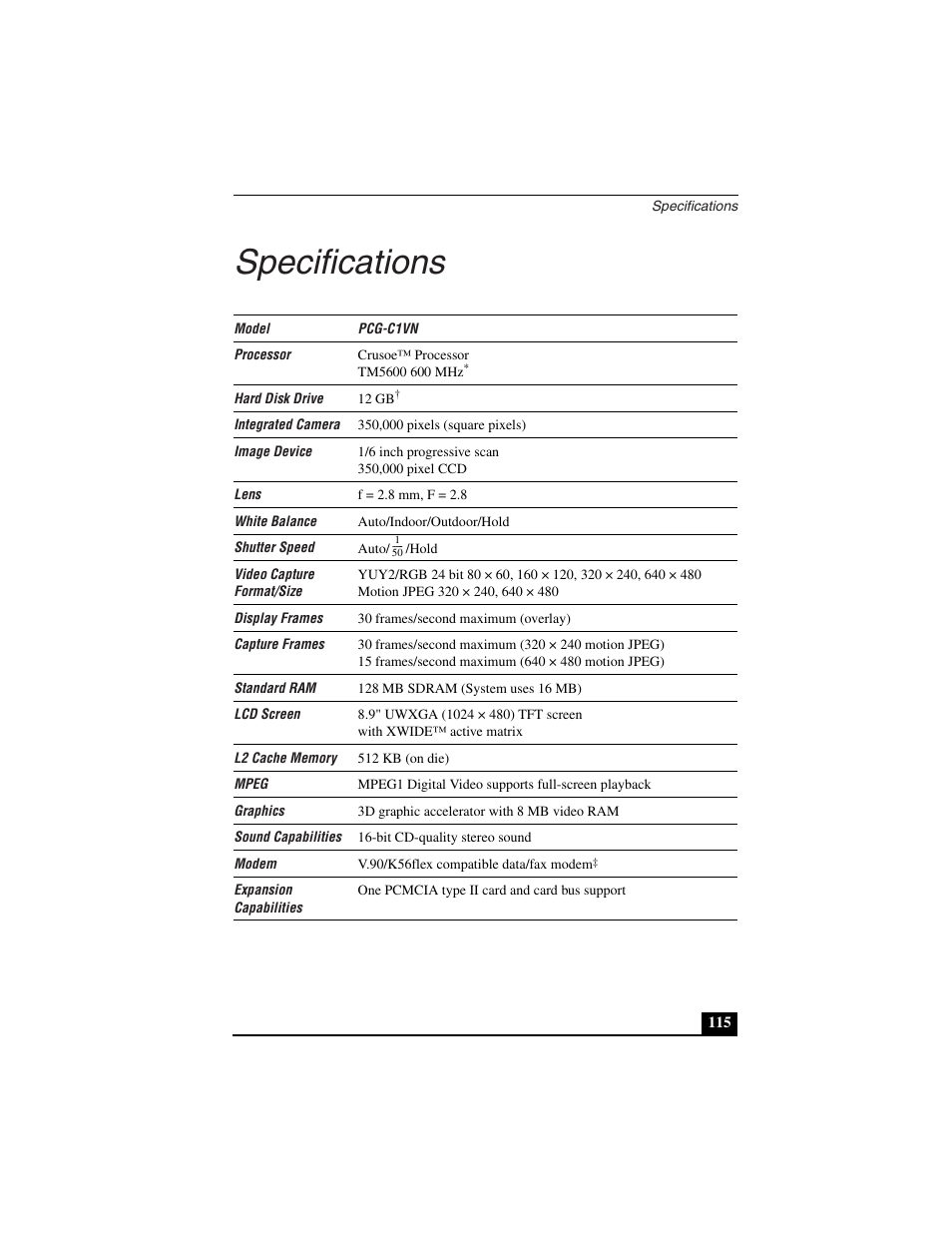 Specifications | Sony PCG-C1VN User Manual | Page 116 / 125