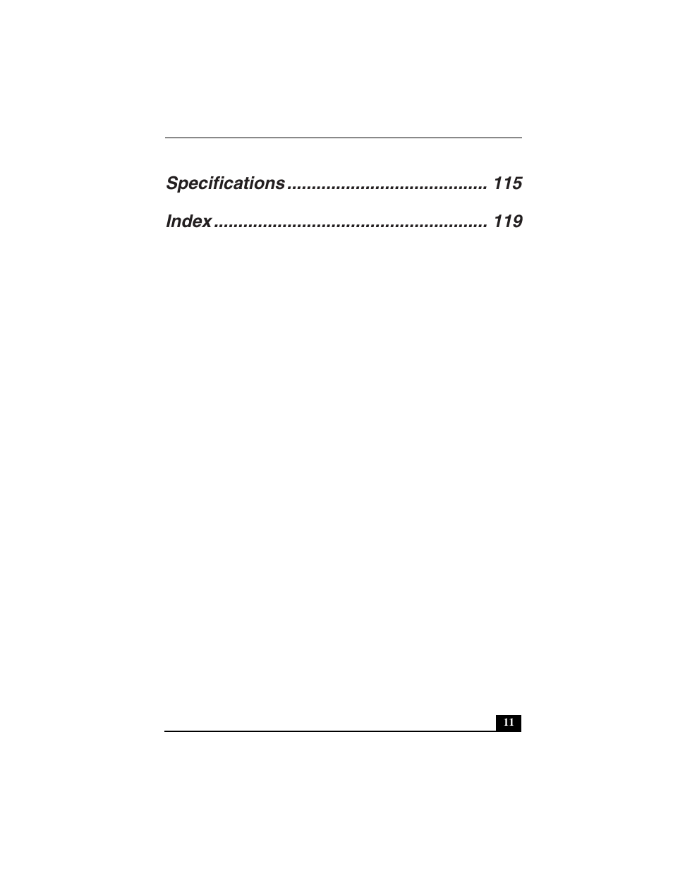 Specifications 115, Index 119 | Sony PCG-C1VN User Manual | Page 12 / 125