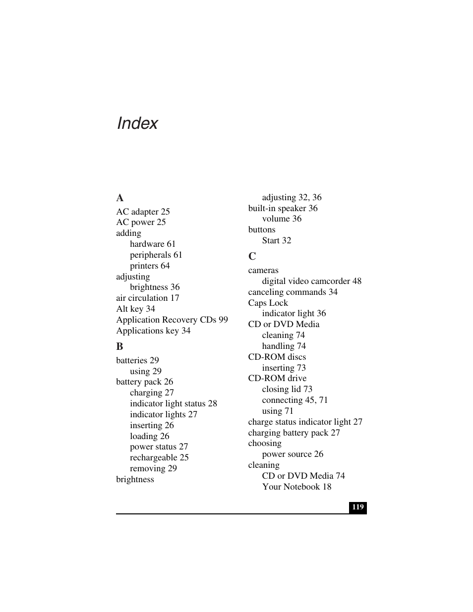Index | Sony PCG-C1VN User Manual | Page 120 / 125