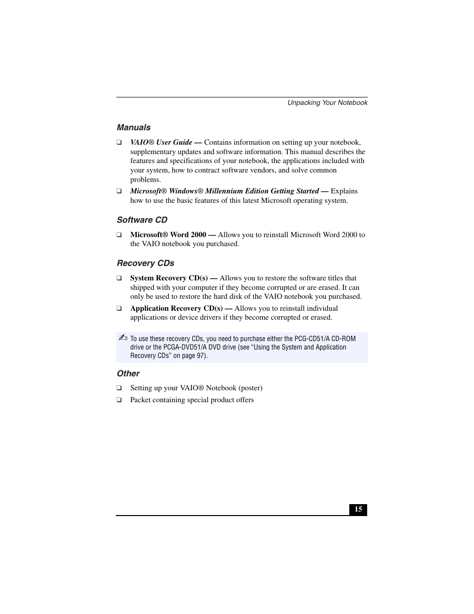 Manuals, Vaio® user guide, Software cd | Microsoft® word 2000, Recovery cds, System recovery cd(s), Application recovery cd(s), Other | Sony PCG-C1VN User Manual | Page 16 / 125