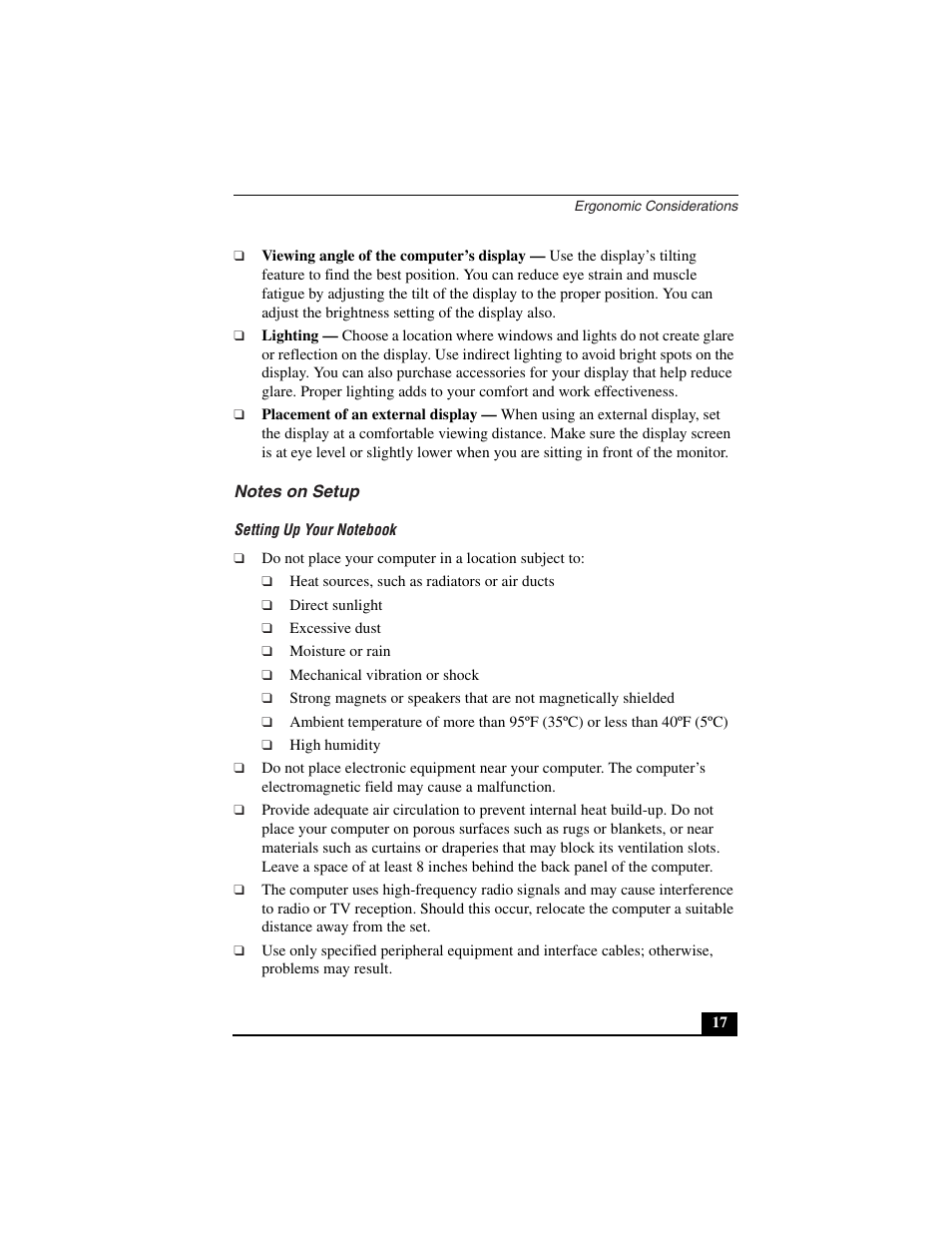 Viewing angle of the computer’s display, Lighting, Placement of an external display | Notes on setup, Setting up your notebook | Sony PCG-C1VN User Manual | Page 18 / 125
