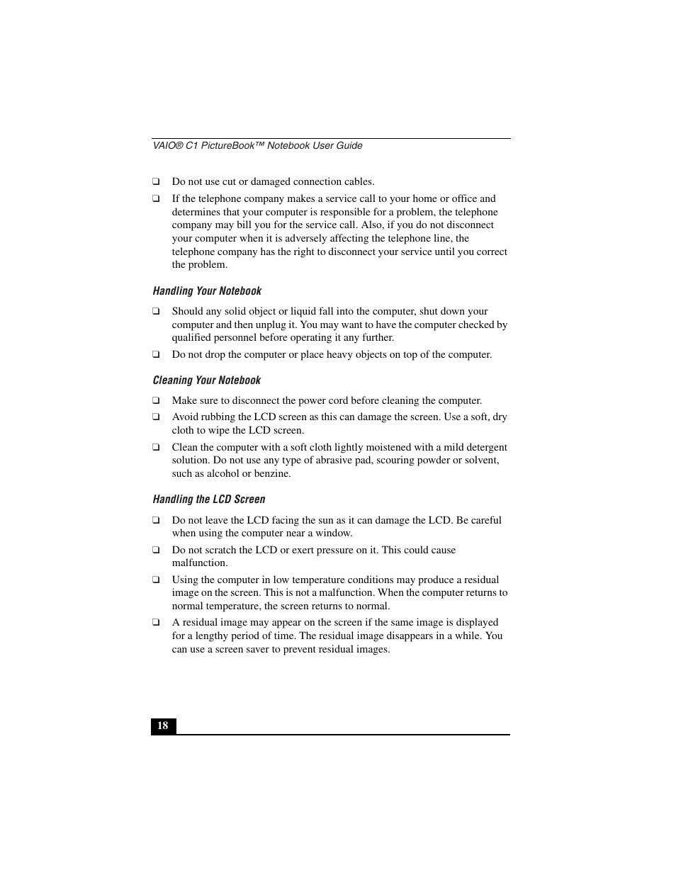 Handling your notebook, Cleaning your notebook, Handling the lcd screen | Sony PCG-C1VN User Manual | Page 19 / 125