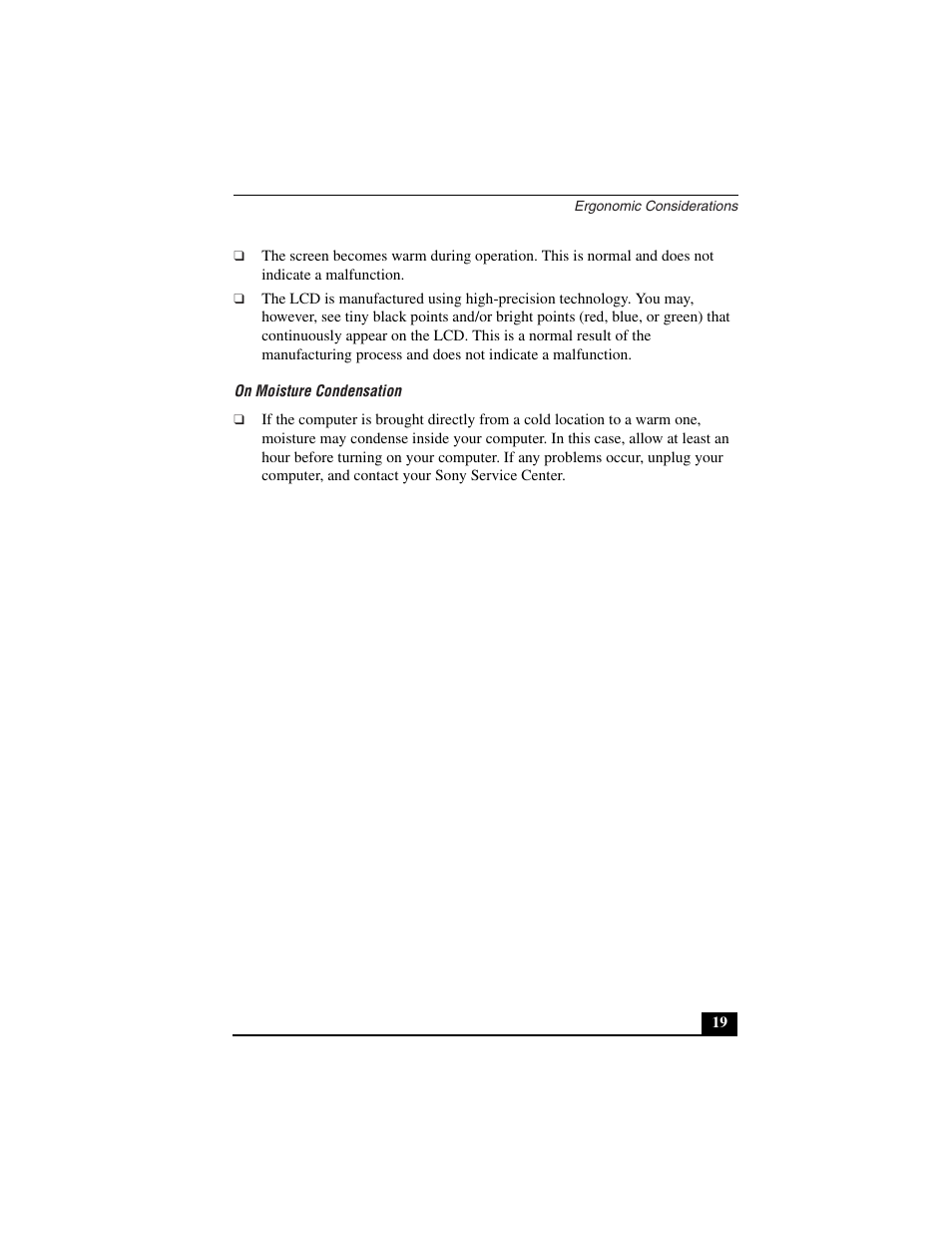 On moisture condensation | Sony PCG-C1VN User Manual | Page 20 / 125