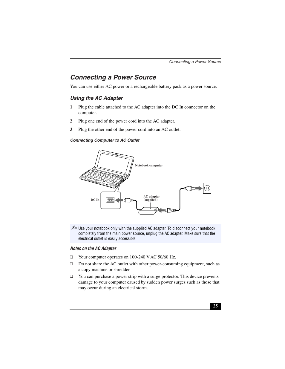 Connecting a power source, Using the ac adapter, Connecting computer to ac outlet | Notes on the ac adapter | Sony PCG-C1VN User Manual | Page 26 / 125
