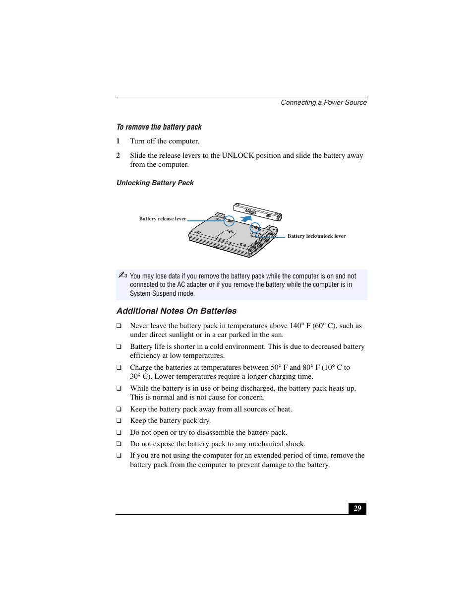 To remove the battery pack, 1 turn off the computer, Unlocking battery pack | Additional notes on batteries | Sony PCG-C1VN User Manual | Page 30 / 125