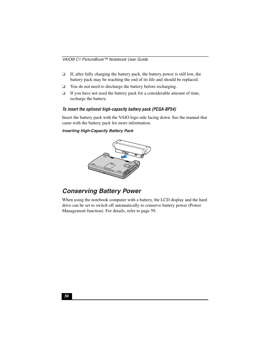 Inserting high-capacity battery pack, Conserving battery power | Sony PCG-C1VN User Manual | Page 31 / 125