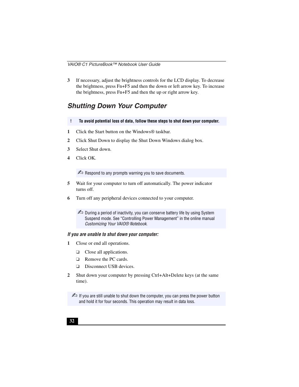 Shutting down your computer, 1 click the start button on the windows® taskbar, 3 select shut down | 4 click ok, If you are unable to shut down your computer, 1 close or end all operations | Sony PCG-C1VN User Manual | Page 33 / 125