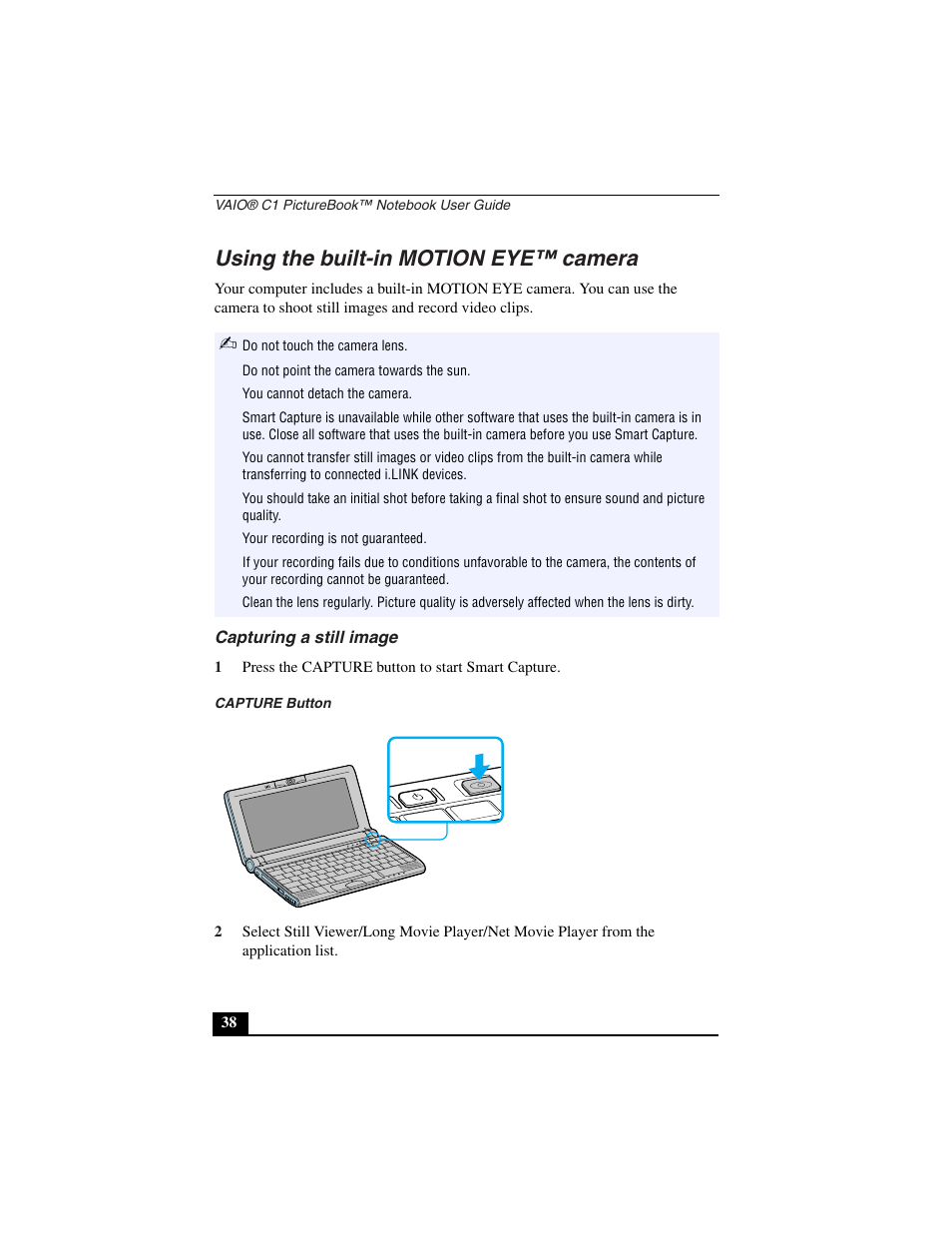 Using the built-in motion eye™ camera, Capturing a still image, 1 press the capture button to start smart capture | Capture button | Sony PCG-C1VN User Manual | Page 39 / 125