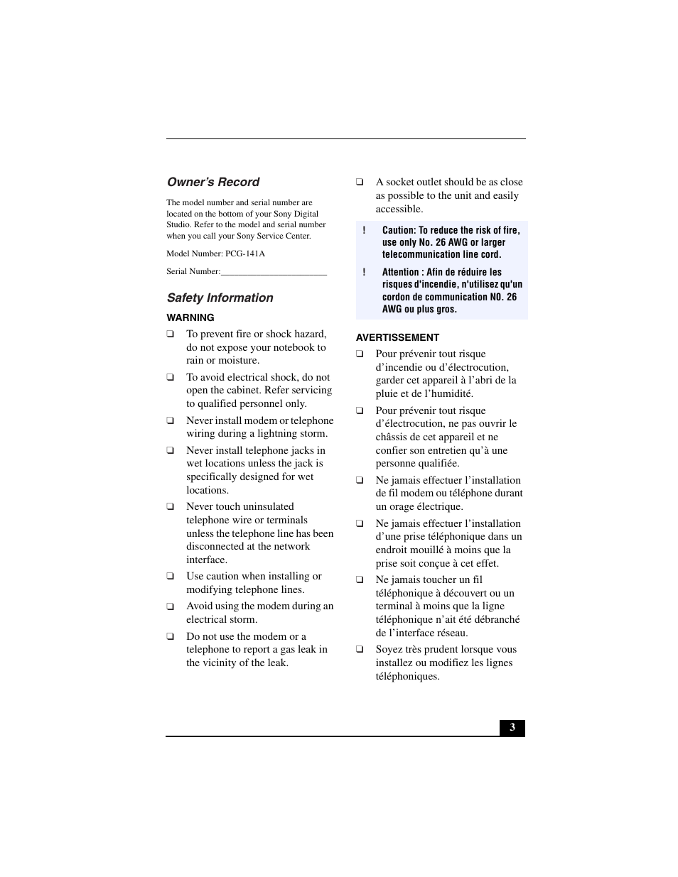 Owner’s record, Safety information | Sony PCG-C1VN User Manual | Page 4 / 125