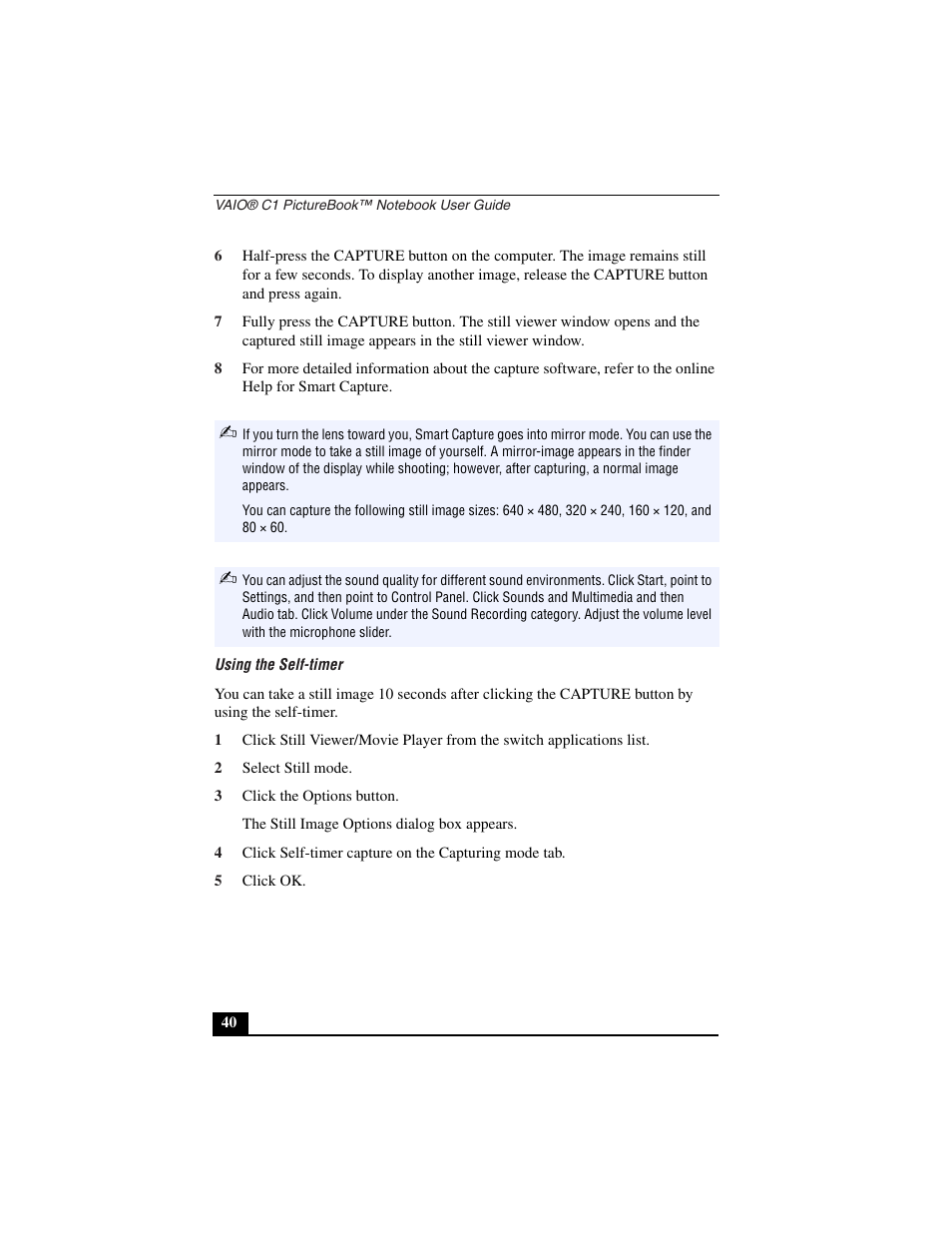 Using the self-timer, 2 select still mode, 3 click the options button | 5 click ok | Sony PCG-C1VN User Manual | Page 41 / 125