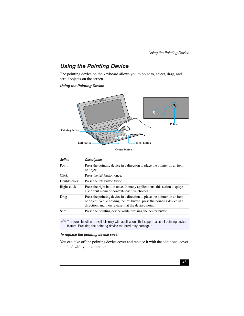 Using the pointing device, To replace the pointing device cover | Sony PCG-C1VN User Manual | Page 44 / 125