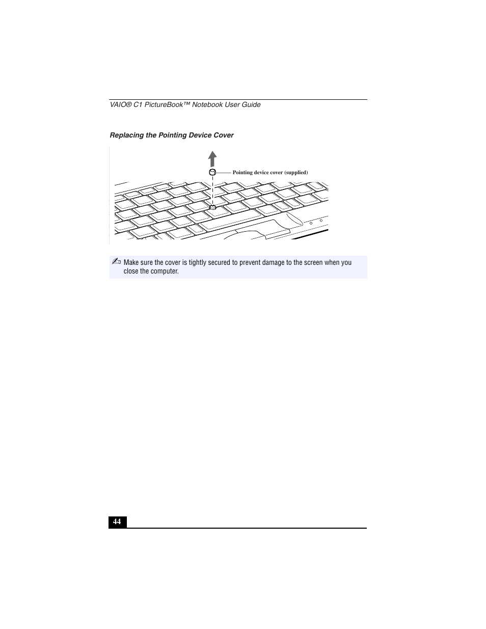 Replacing the pointing device cover | Sony PCG-C1VN User Manual | Page 45 / 125