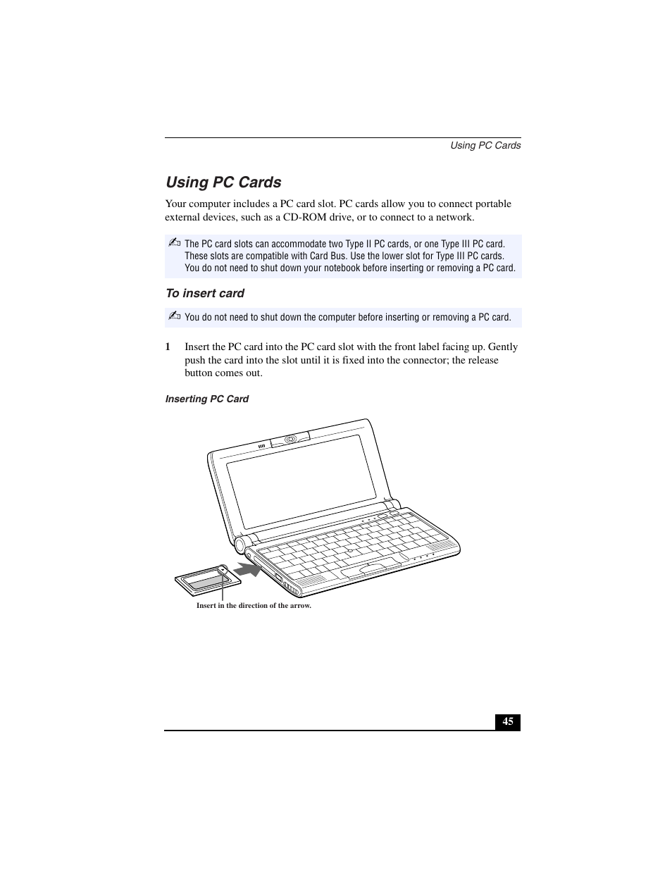 Using pc cards, To insert card, Inserting pc card | Sony PCG-C1VN User Manual | Page 46 / 125