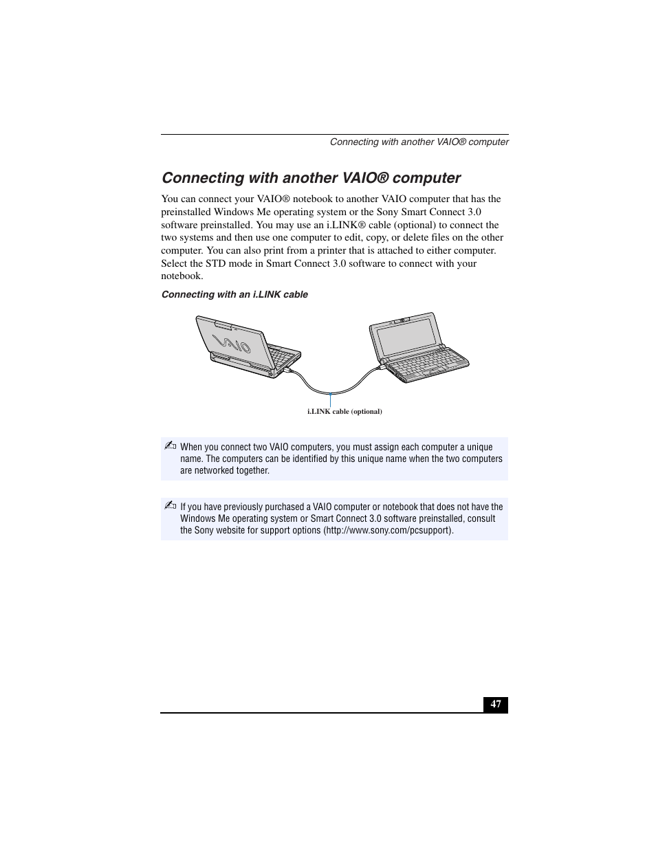 Connecting with another vaio® computer, Connecting with an i.link cable | Sony PCG-C1VN User Manual | Page 48 / 125