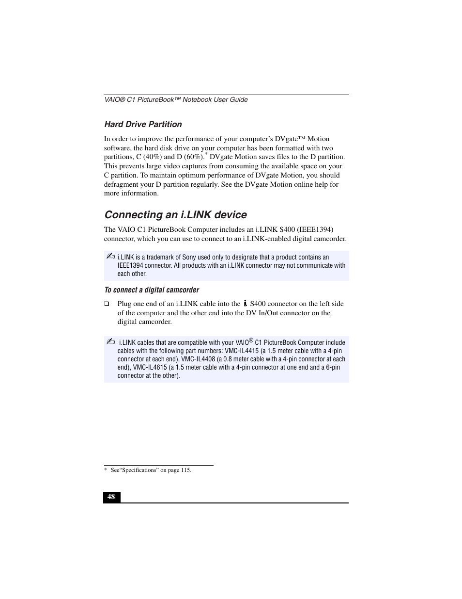 Hard drive partition, Connecting an i.link device, To connect a digital camcorder | Sony PCG-C1VN User Manual | Page 49 / 125
