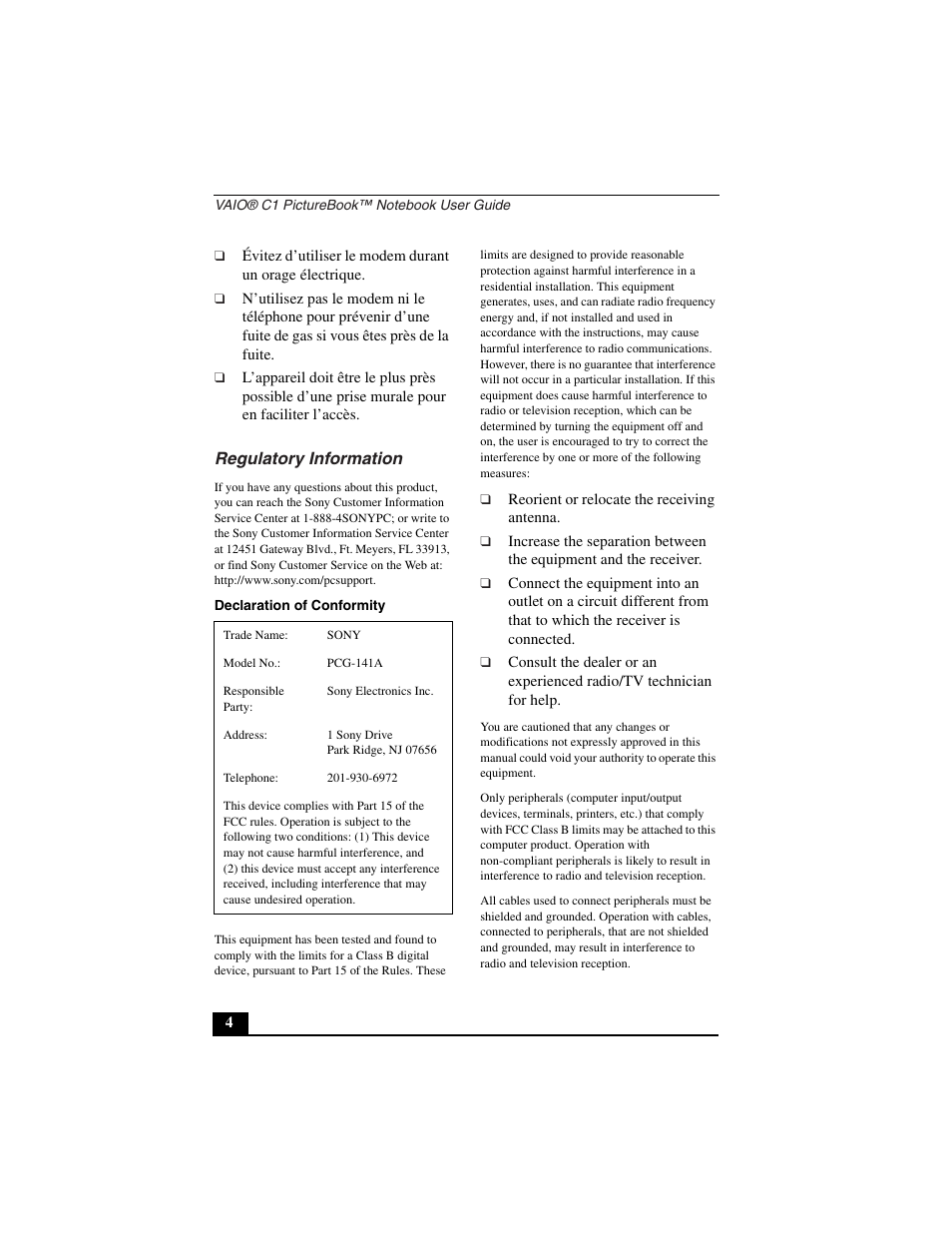 Regulatory information | Sony PCG-C1VN User Manual | Page 5 / 125
