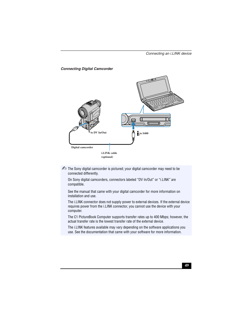 Connecting digital camcorder | Sony PCG-C1VN User Manual | Page 50 / 125