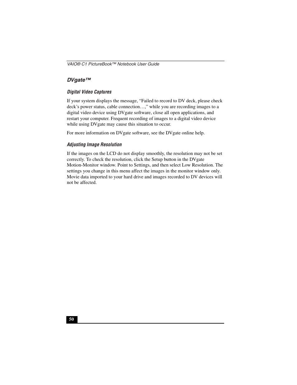 Dvgate, Digital video captures, Adjusting image resolution | Sony PCG-C1VN User Manual | Page 51 / 125