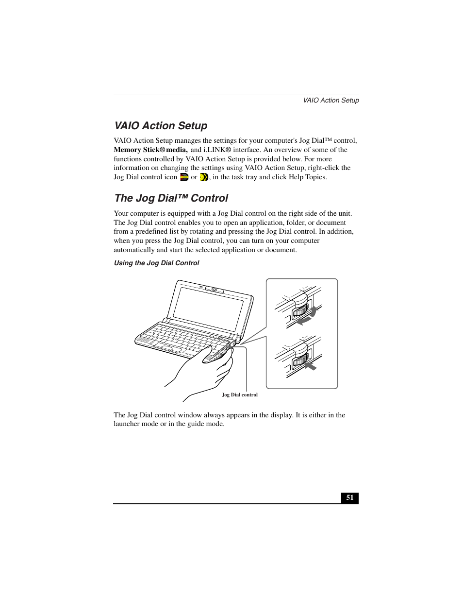 Vaio action setup, The jog dial™ control, Using the jog dial control | Sony PCG-C1VN User Manual | Page 52 / 125