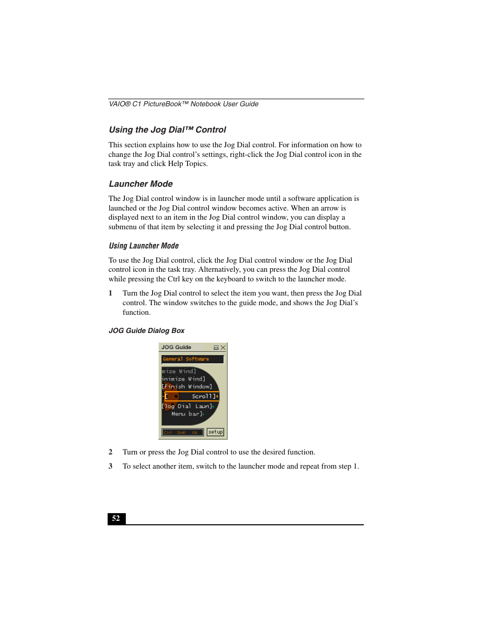 Using the jog dial™ control, Launcher mode, Using launcher mode | Jog guide dialog box | Sony PCG-C1VN User Manual | Page 53 / 125