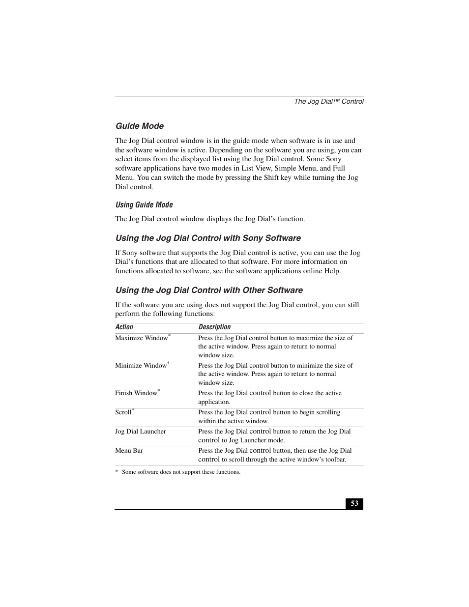 Guide mode, Using guide mode, Using the jog dial control with sony software | Using the jog dial control with other software | Sony PCG-C1VN User Manual | Page 54 / 125