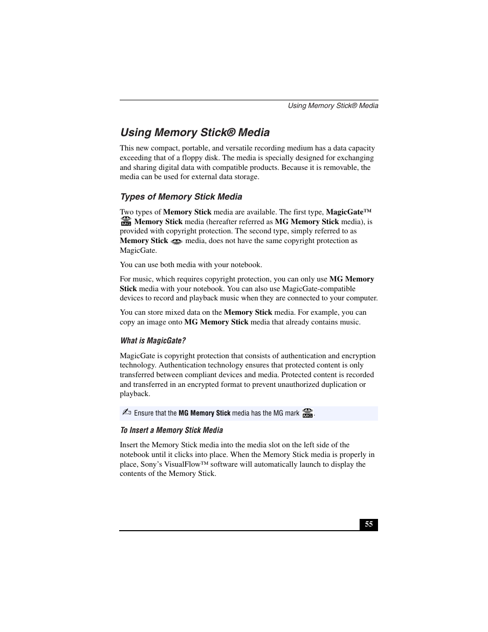 Using memory stick® media, Types of memory stick media, What is magicgate | To insert a memory stick media | Sony PCG-C1VN User Manual | Page 56 / 125