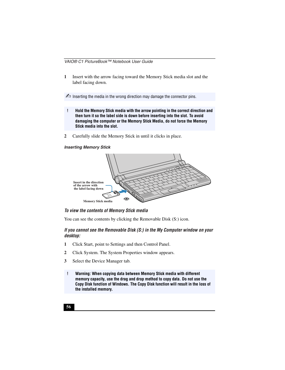 Inserting memory stick, To view the contents of memory stick media, 3 select the device manager tab | Sony PCG-C1VN User Manual | Page 57 / 125