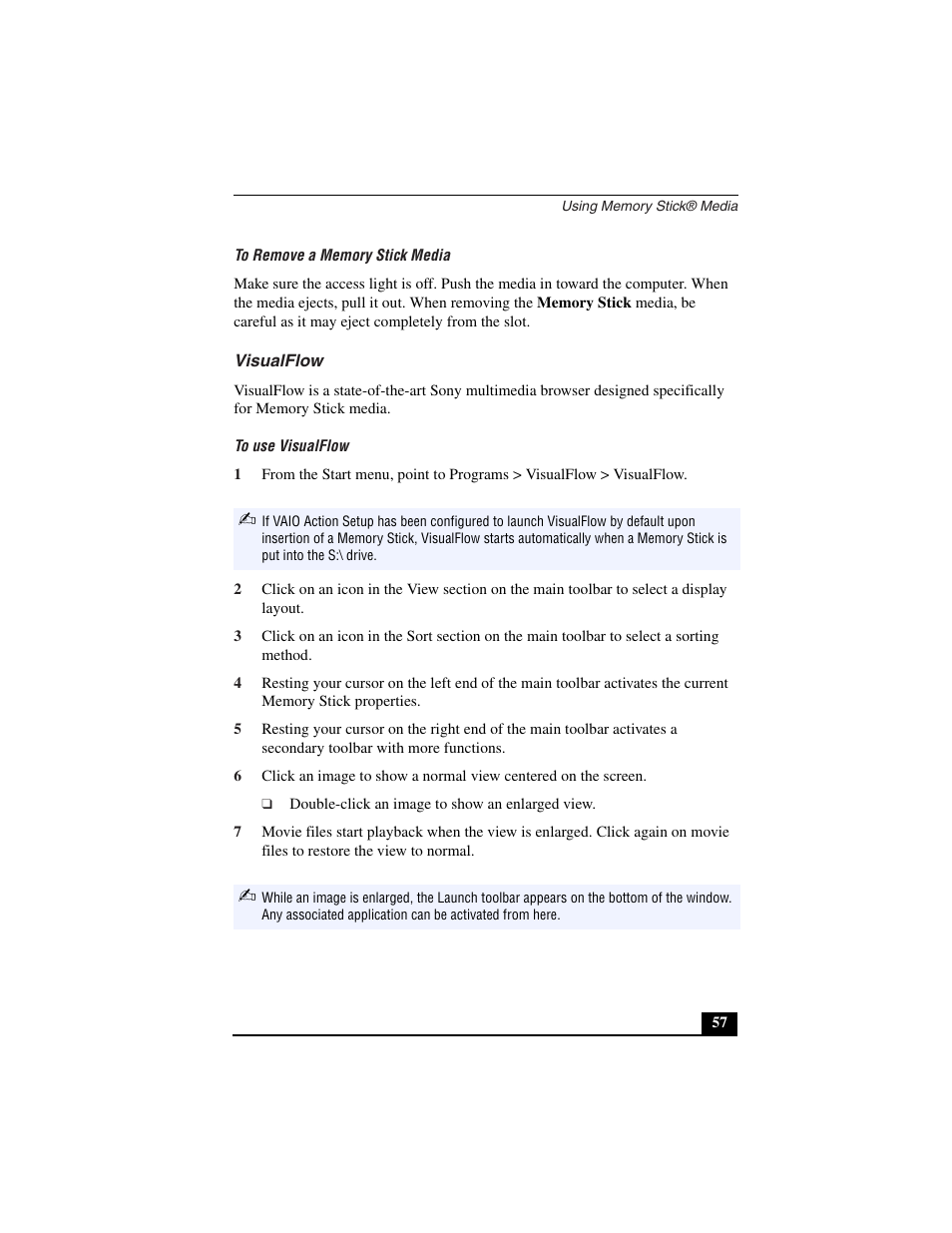 To remove a memory stick media, Visualflow, To use visualflow | Sony PCG-C1VN User Manual | Page 58 / 125