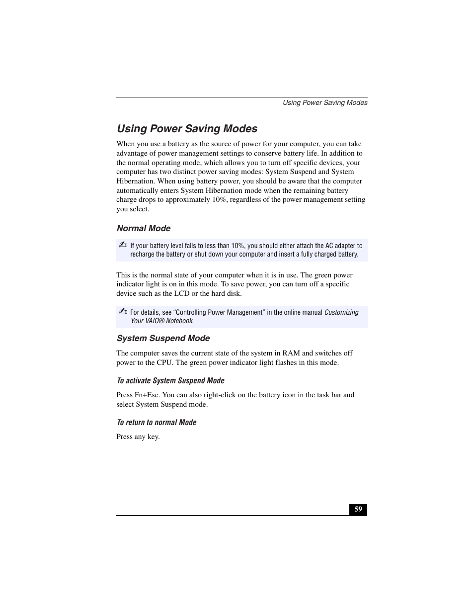 Using power saving modes, Normal mode, System suspend mode | To activate system suspend mode, To return to normal mode | Sony PCG-C1VN User Manual | Page 60 / 125