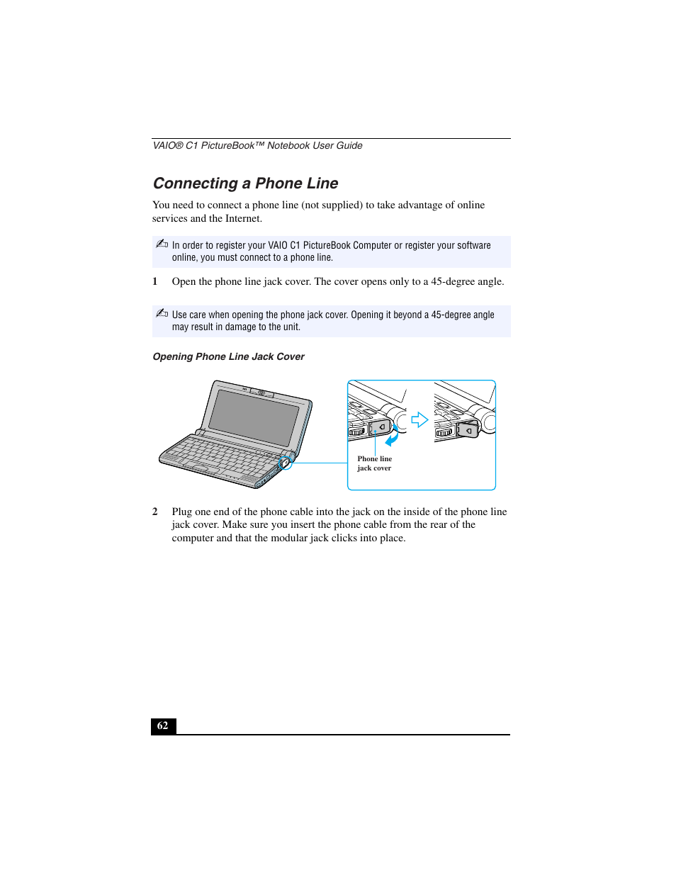 Connecting a phone line, Opening phone line jack cover | Sony PCG-C1VN User Manual | Page 63 / 125