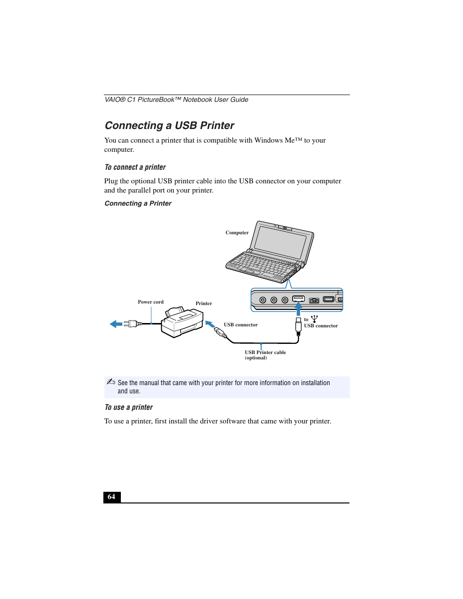 Connecting a usb printer, To connect a printer, Connecting a printer | To use a printer | Sony PCG-C1VN User Manual | Page 65 / 125