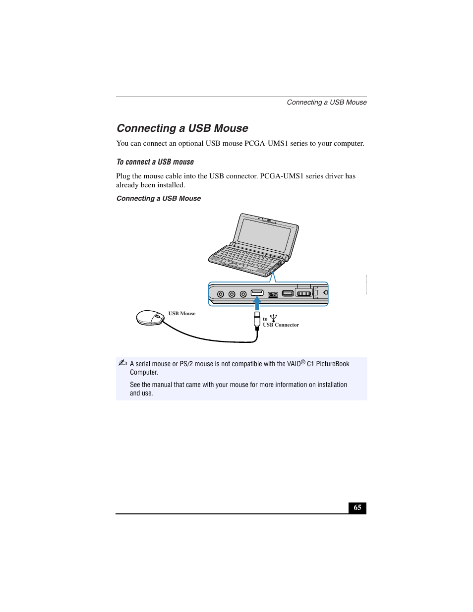 Connecting a usb mouse, To connect a usb mouse | Sony PCG-C1VN User Manual | Page 66 / 125