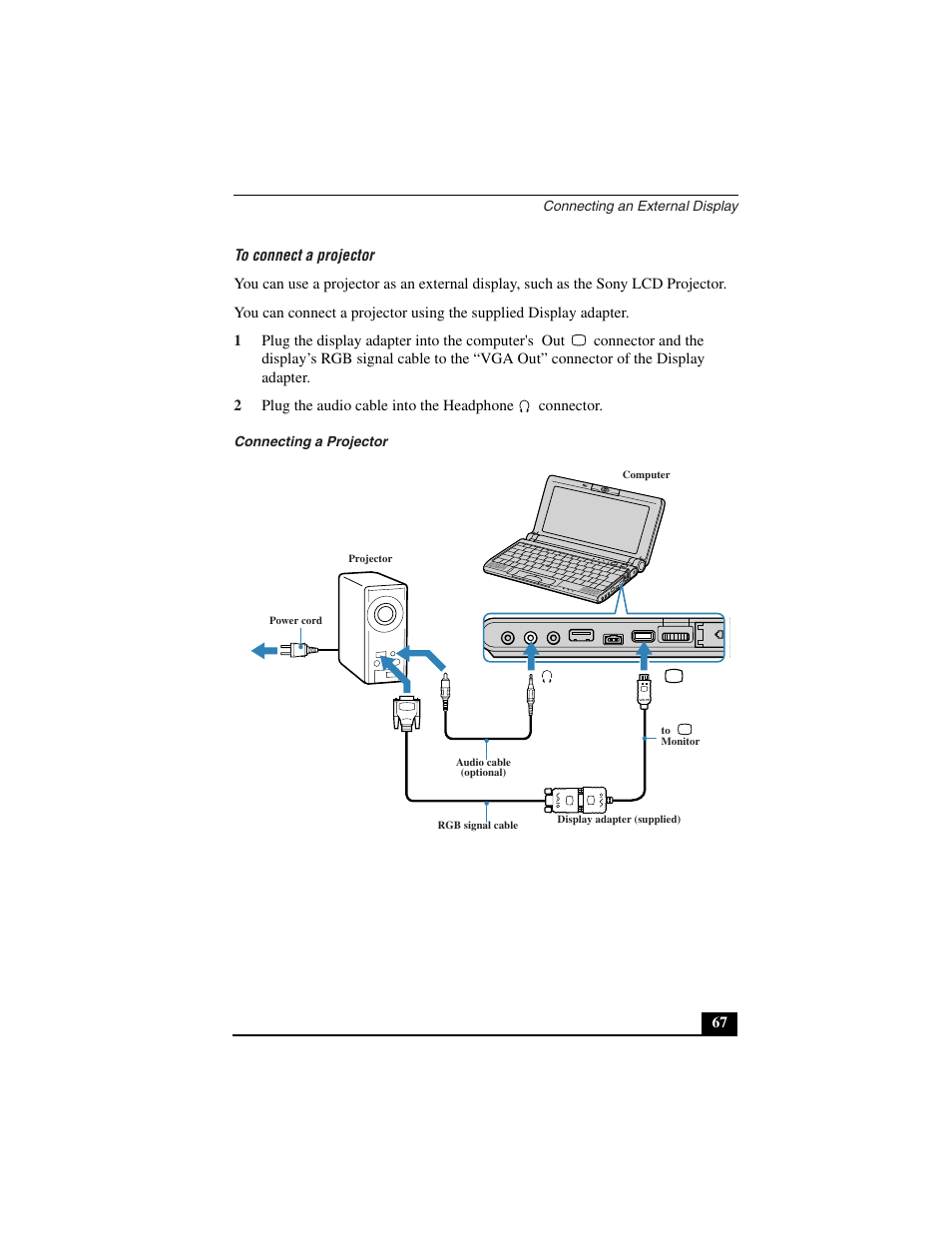 To connect a projector, Connecting a projector | Sony PCG-C1VN User Manual | Page 68 / 125