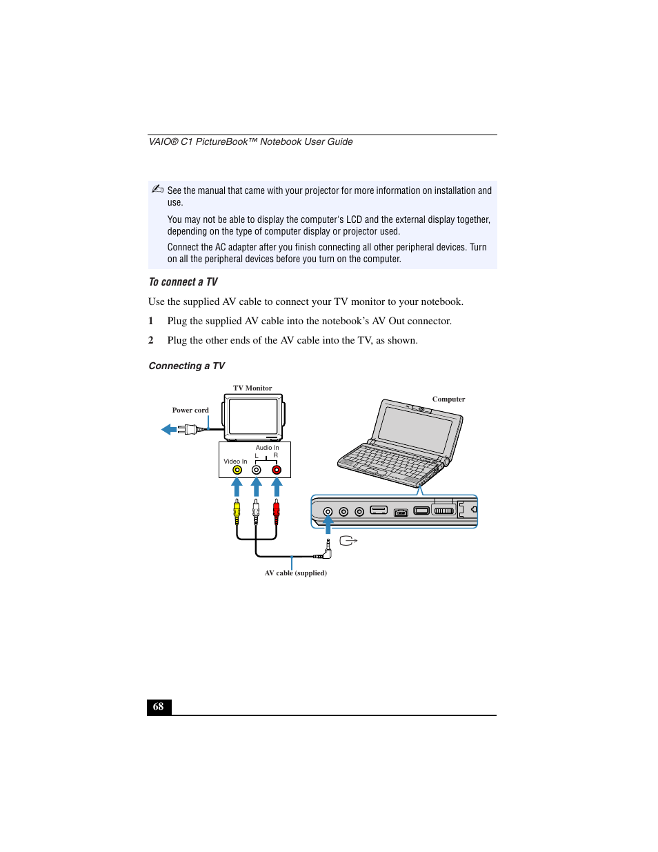 To connect a tv, Connecting a tv | Sony PCG-C1VN User Manual | Page 69 / 125