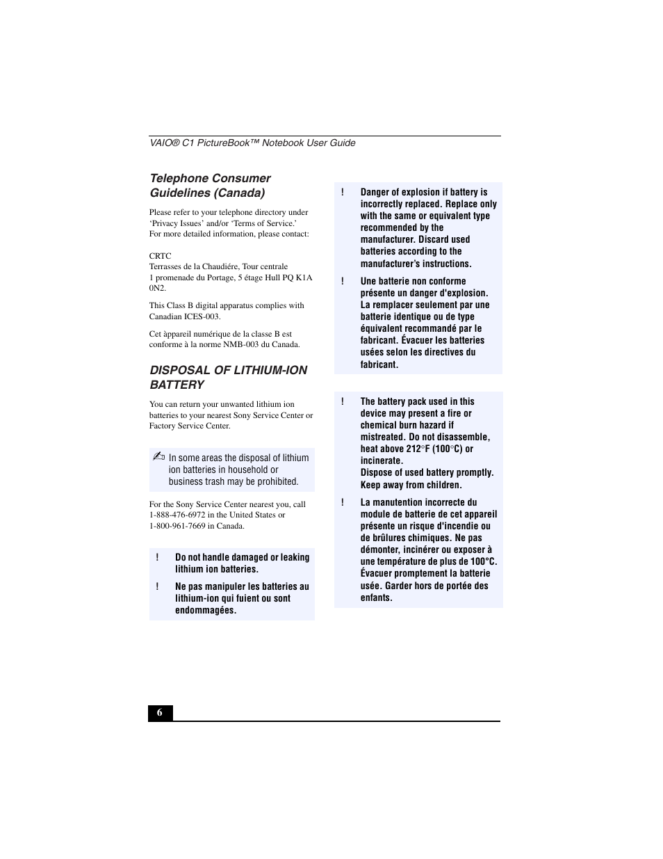 Telephone consumer guidelines (canada), Disposal of lithium-ion battery | Sony PCG-C1VN User Manual | Page 7 / 125