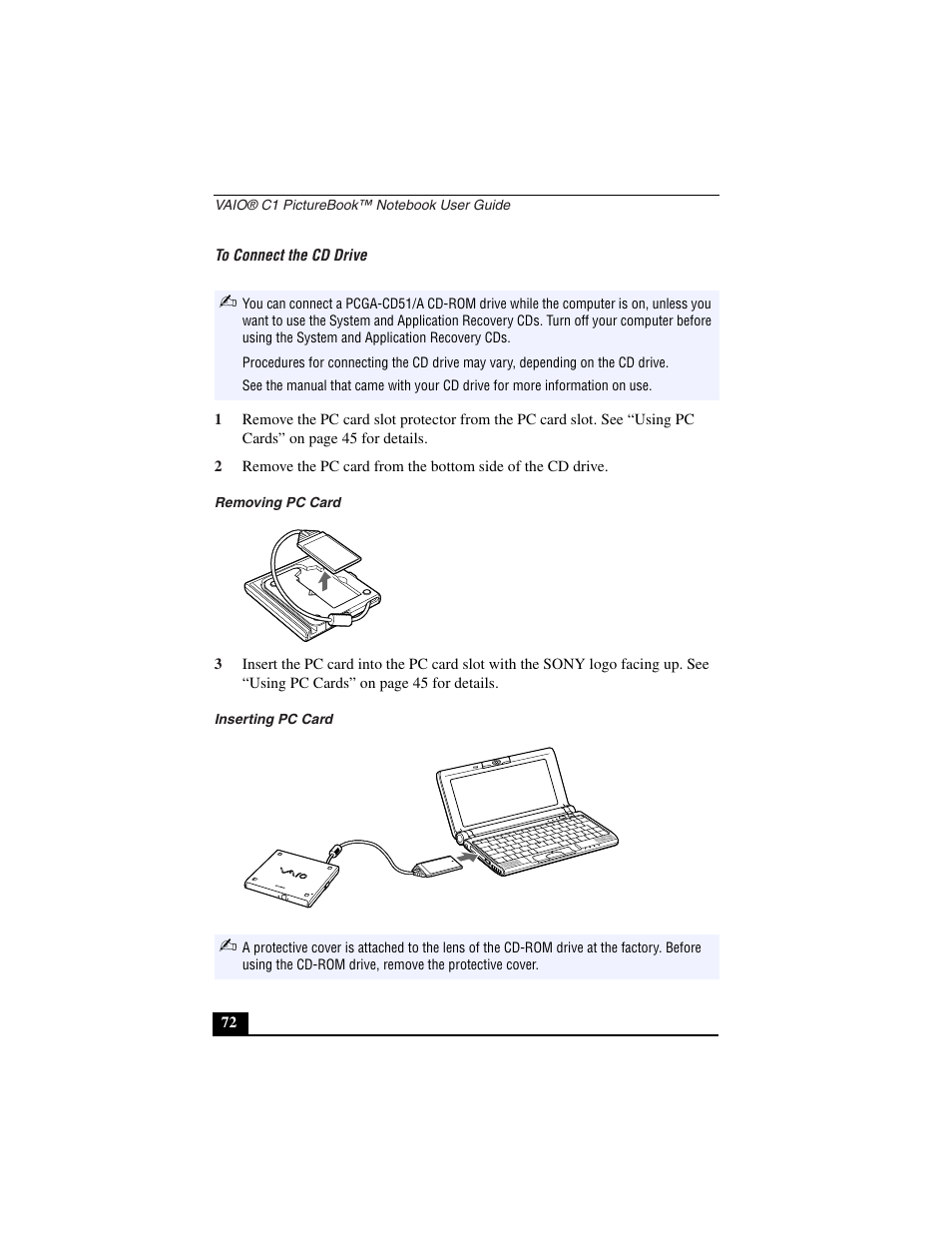 To connect the cd drive, Removing pc card, Inserting pc card | Sony PCG-C1VN User Manual | Page 73 / 125