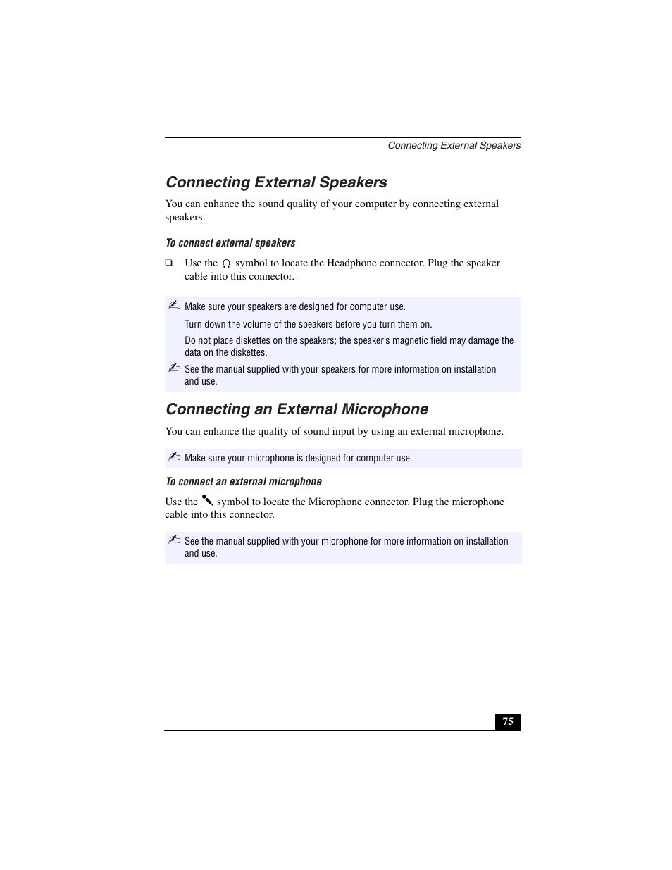 Connecting external speakers, To connect external speakers, Connecting an external microphone | To connect an external microphone | Sony PCG-C1VN User Manual | Page 76 / 125