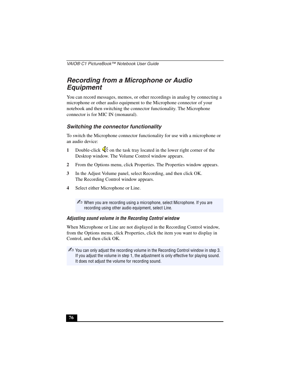 Recording from a microphone or audio equipment, Switching the connector functionality, 4 select either microphone or line | Sony PCG-C1VN User Manual | Page 77 / 125