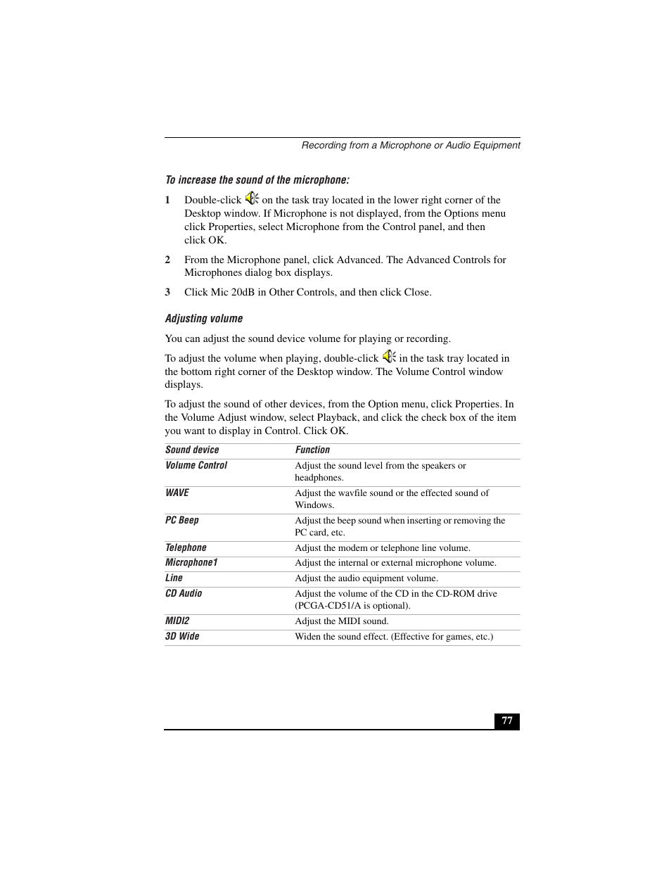 To increase the sound of the microphone, Adjusting volume | Sony PCG-C1VN User Manual | Page 78 / 125