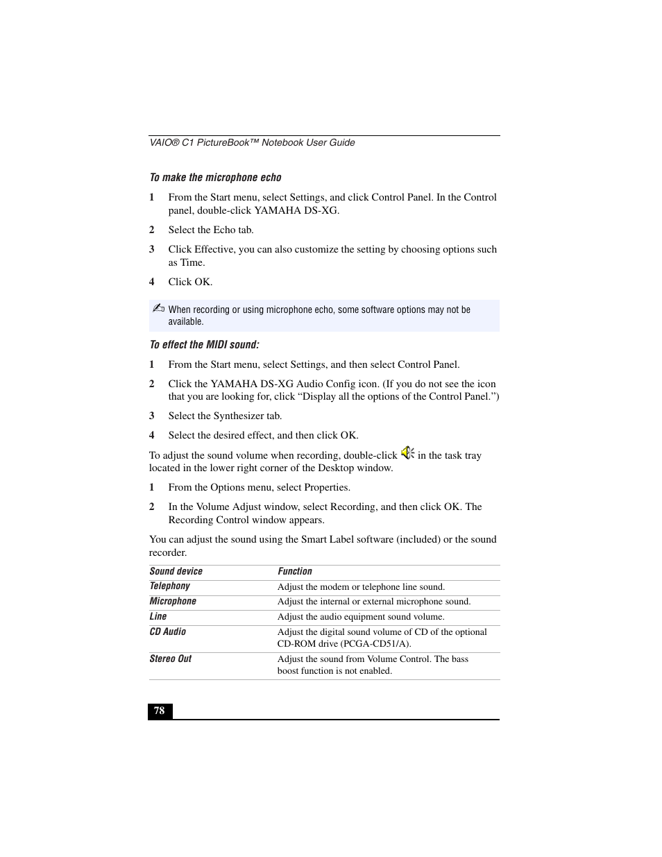 To make the microphone echo, 2 select the echo tab, 4 click ok | To effect the midi sound, 3 select the synthesizer tab, 4 select the desired effect, and then click ok, 1 from the options menu, select properties | Sony PCG-C1VN User Manual | Page 79 / 125
