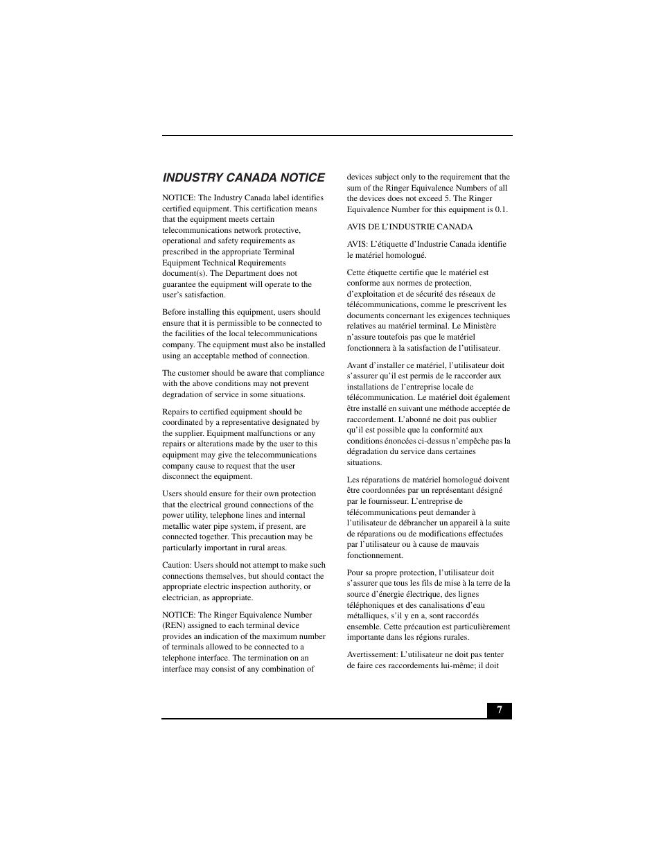 Industry canada notice | Sony PCG-C1VN User Manual | Page 8 / 125